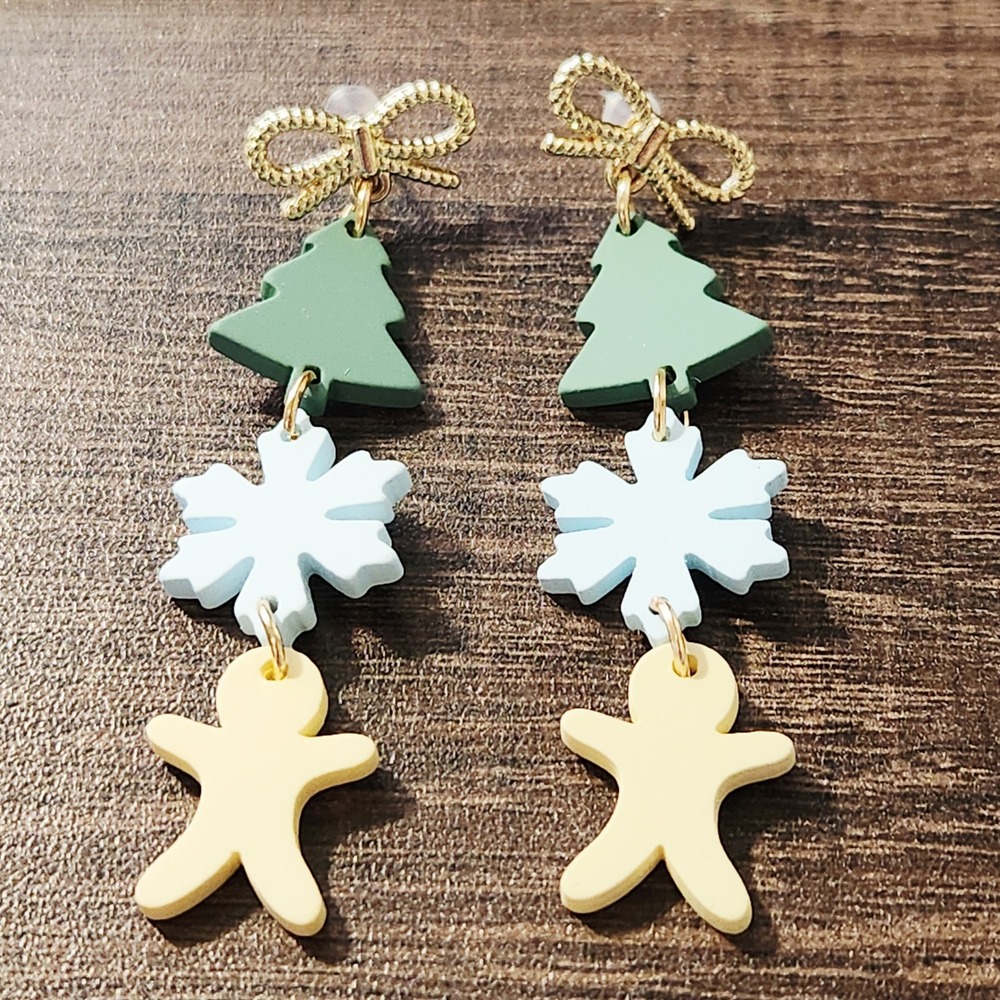 Whimsical Christmas Tree Snowflake Gingerbread Man Dangle Earrings Gold Tone NEW